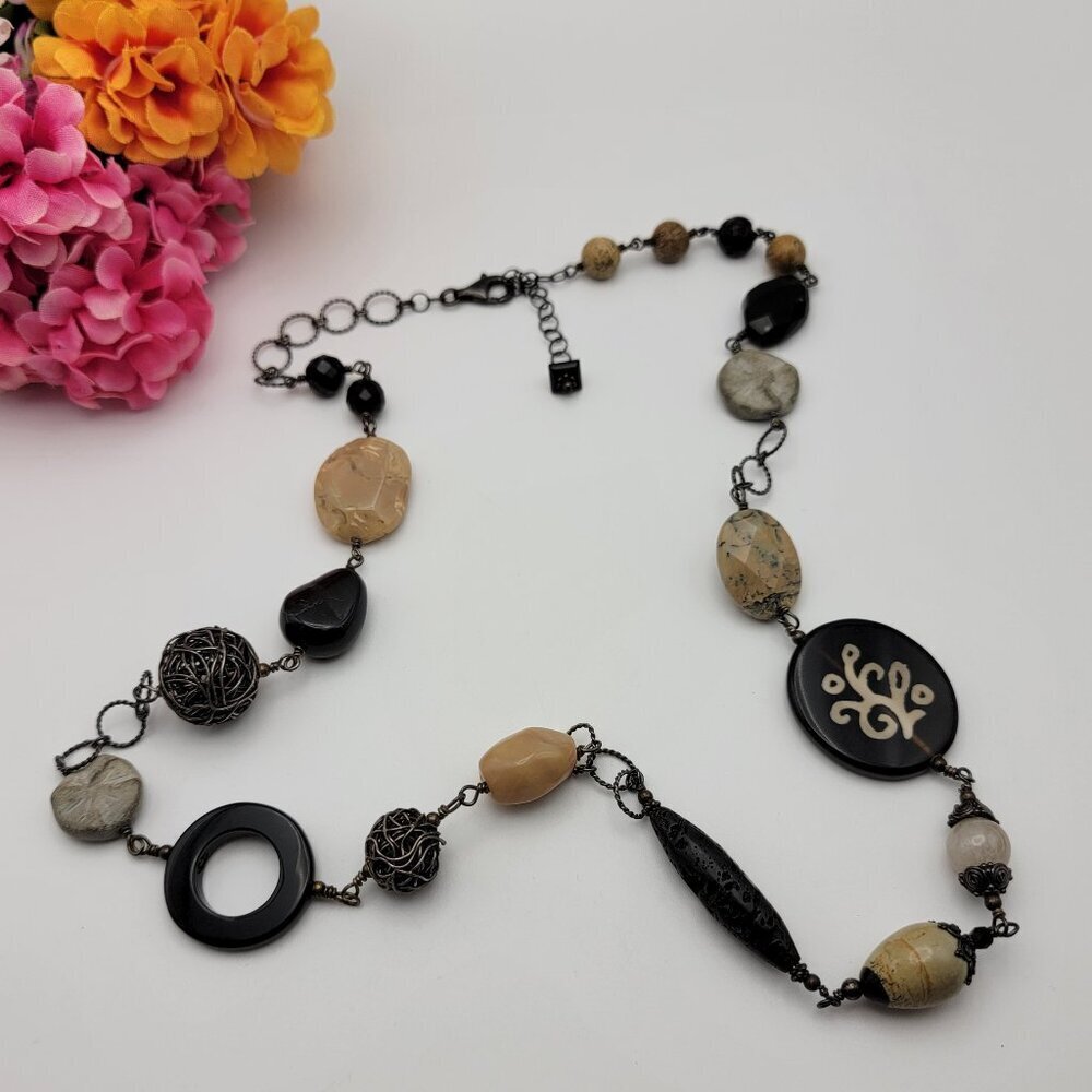 Vintage Ethnic Sterling Silver Necklace with Mixed Stones Tribal Statement 33"